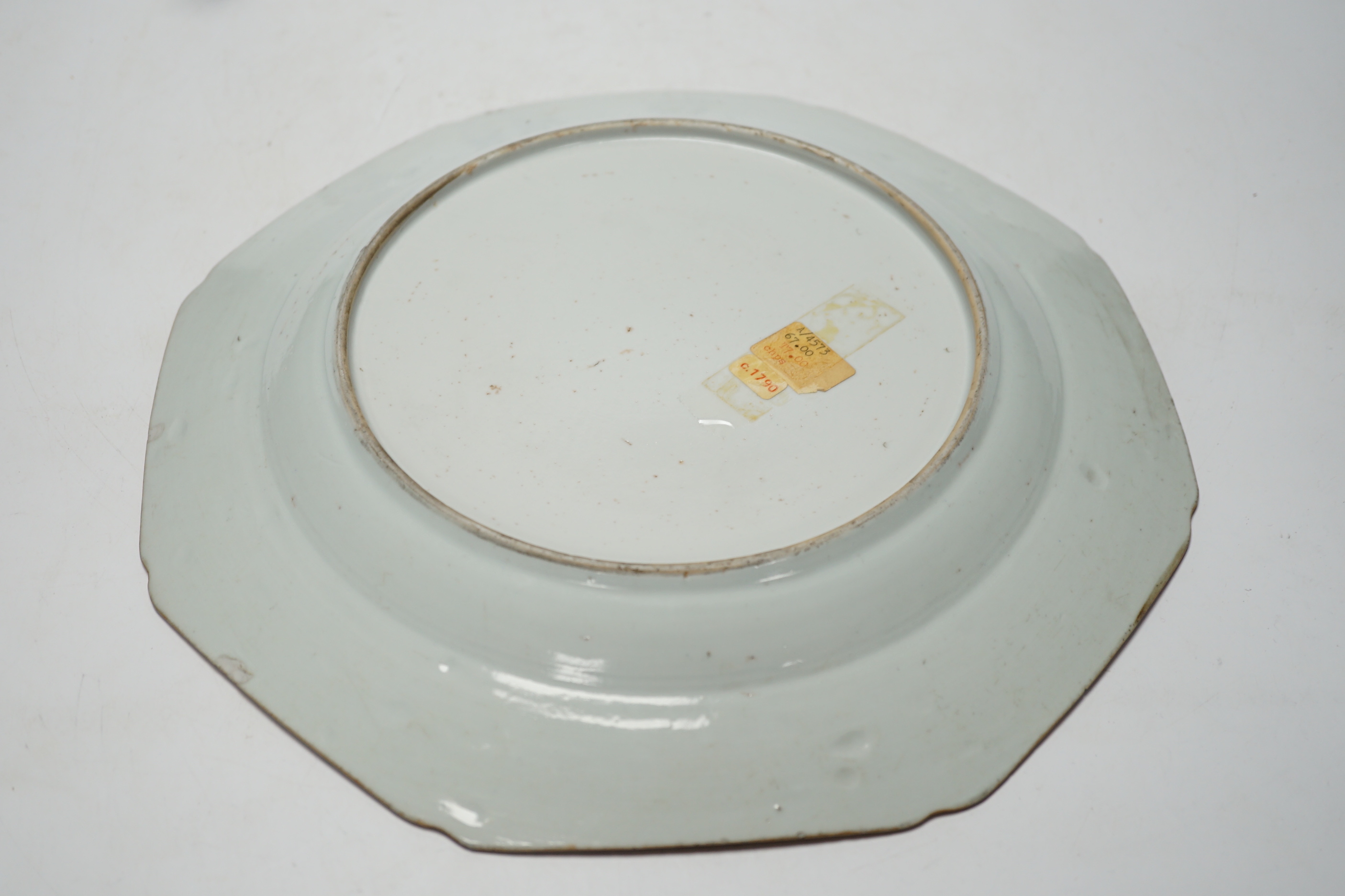 A late 18th century Chinese blue and white octagonal export plate and other items, Chinese export plate, 30cm wide (5)